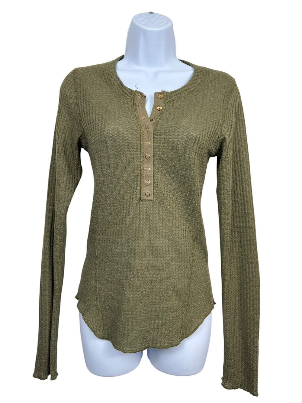 Natural Life Top Womens Medium Green Reagan Thermal Waffle Knit Henley Boho